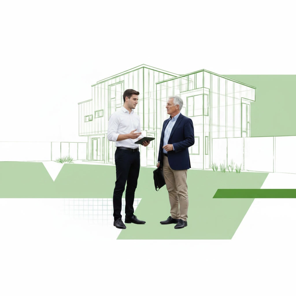Ein Handwerker mit Tablet im Gespräch mit einem Energieberater mit
                Aktentasche, davor die Strichzeichnung eines Wohngebäudes