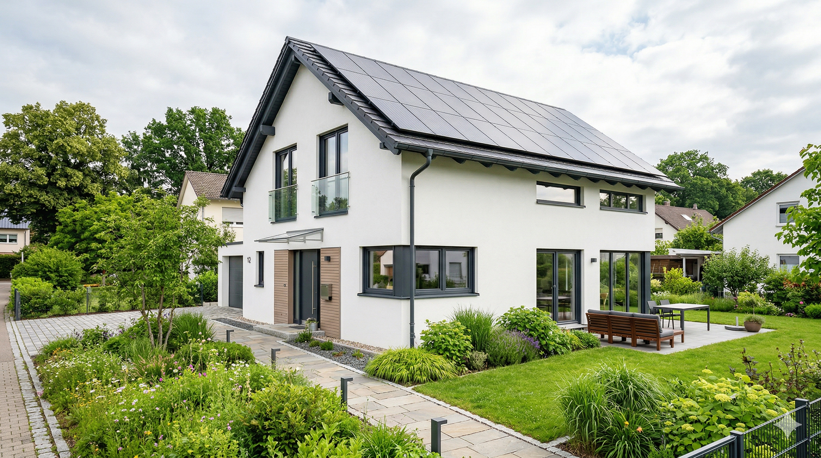 Modernes Haus mit Solaranlage und Wärmepumpe